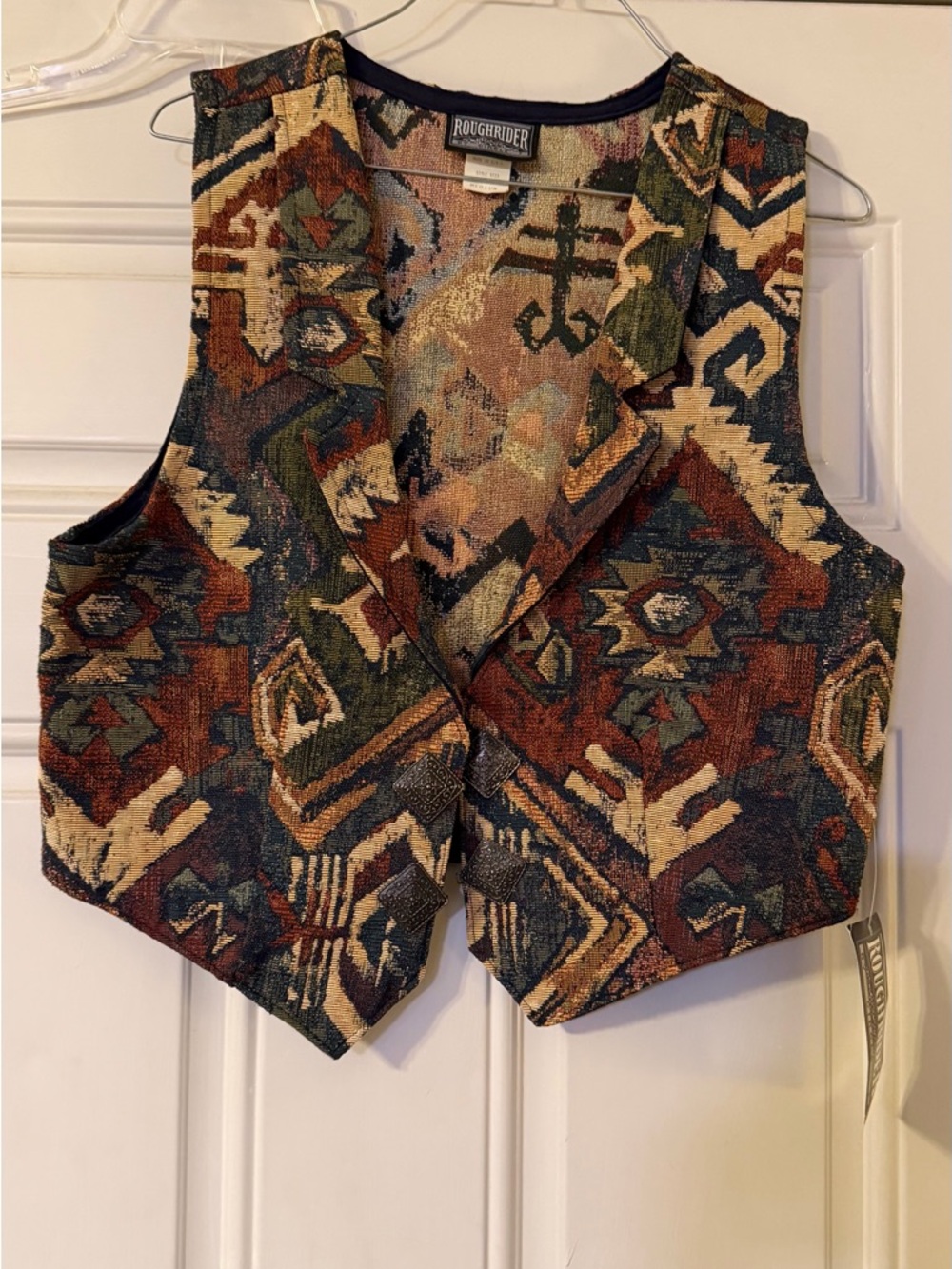 Vintage Roughrider Southwestern Tapestry Vest in Rust, Olive & Navy. NWT